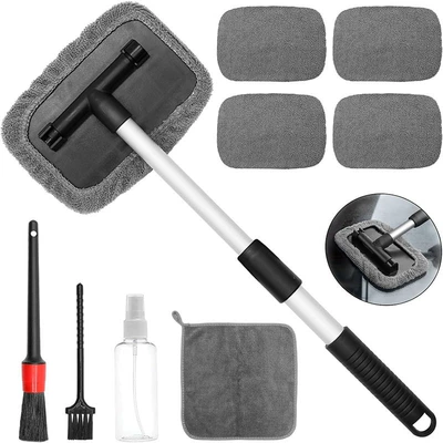 Defogging Brush Sponge Handle — Car cleaning tools - 1-set-quadrilateral-plastic-parts-5-gray-cloth-covers-1-spray-bottle-2-brushes-towel
