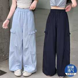 夏季女童休闲轻薄夏裤夏装新款中大童时尚百搭花边拼接工装长裤子