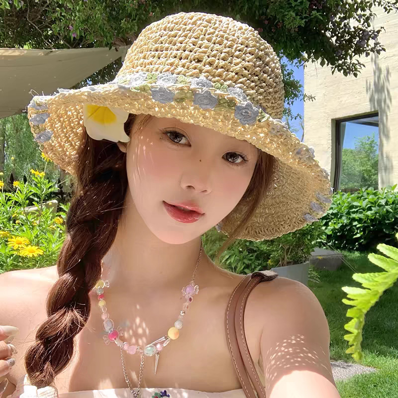 中空ラフィア帽子女性の夏フレンチスタイル中空大きなつば日焼け防止帽子海辺の写真休暇ビーチ帽子|undefined