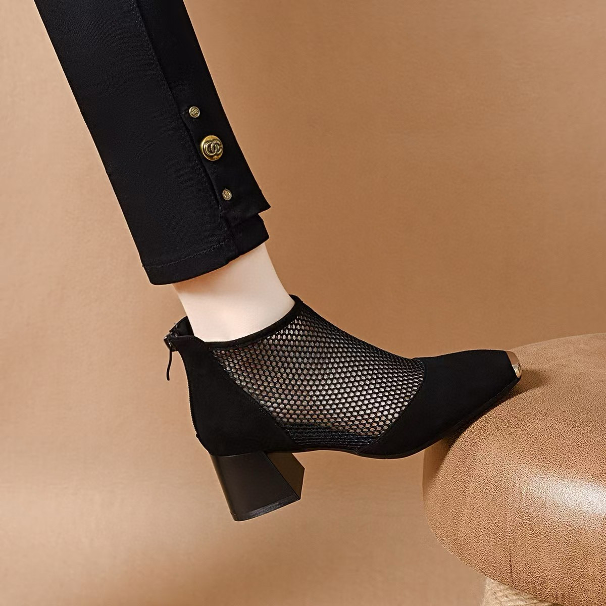 Giày sandal nữ da thật mũi vuông phối lưới kiểu La Mã, gót dày, thoáng khí, boot ngắn phối lưới — màu đen chi tiết 6