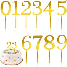 跨境热销金色亚克力数字蛋糕插牌生日主题派对甜品蛋糕装饰插件