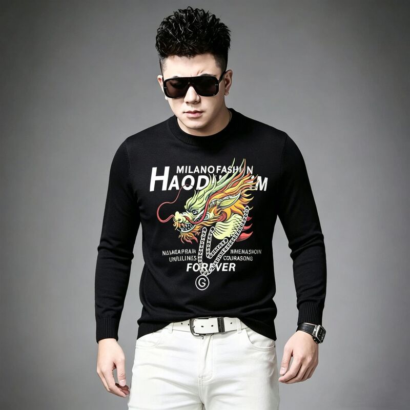 High-end, fashionable men’s sweater, long-sleeved, round-neck, with intricate printed patterns, short-sleeved tiger-head design, new autumn/winter collection