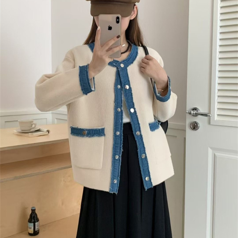 欧美跨境牛仔拼接毛衣外套女宽松慵懒休闲撞色单排扣针织开衫上衣|undefined