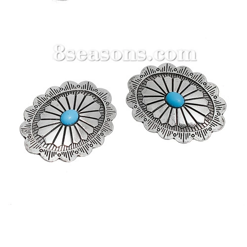 Древний Серебряный Выгравированный синий пластырь из смолы с выгравированным узором в полоску кружева Овальные кнопки из цинкового сплава-2