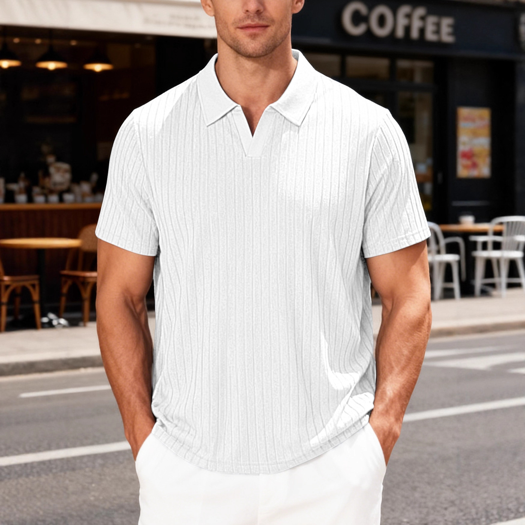 Europa y Estados Unidos ropa de hombre transfronteriza verano TK nueva toalla transpirable casual jacquard con solapa de camisa de manga corta a rayas de hombre