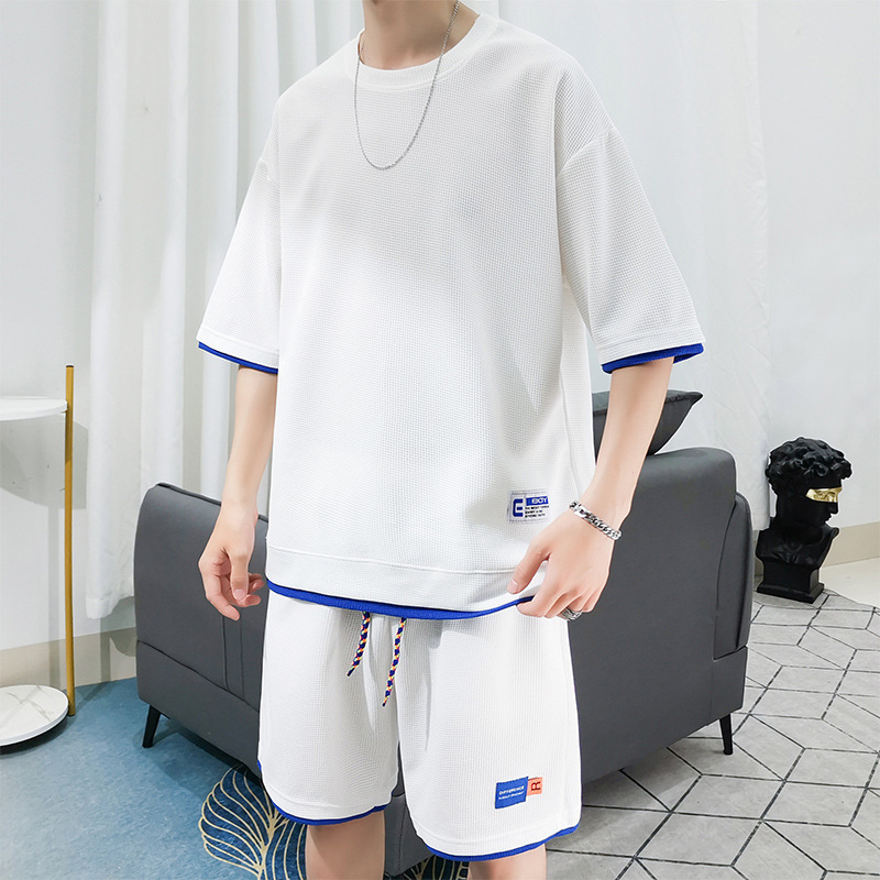 Summer Waffle Suit for Men, Loose and Breathable Casual Short-Sleeved Shorts, Versatile Men's Two-Piece Set