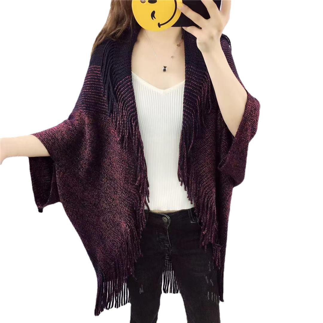 Plus-size fringe knitted shawl cape loose sweater coat plus-size cardigan woman_voghion.com