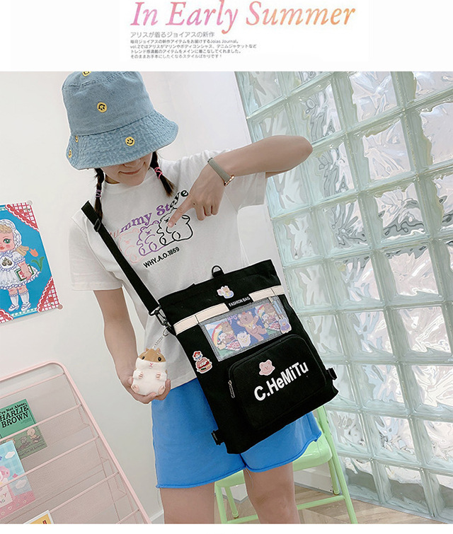 Korean-style canvas bag for girls with one shoulder, in the style of Harajuku, ulzzang, with a large capacity and contrasting colors, is a crossbody hand-held schoolbag for classes undefined