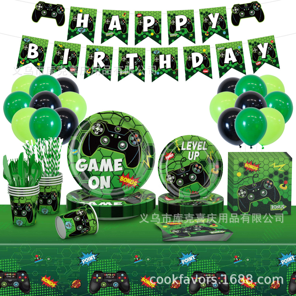 Nuevo mango de juego verde bandeja de papel desechable tazas de papel mesa cubiertos set de decoración de fiesta de cumpleaños para niños