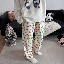 跨境彩色波点法兰绒睡裤女秋冬季珊瑚绒加厚保暖休闲居家裤可外穿