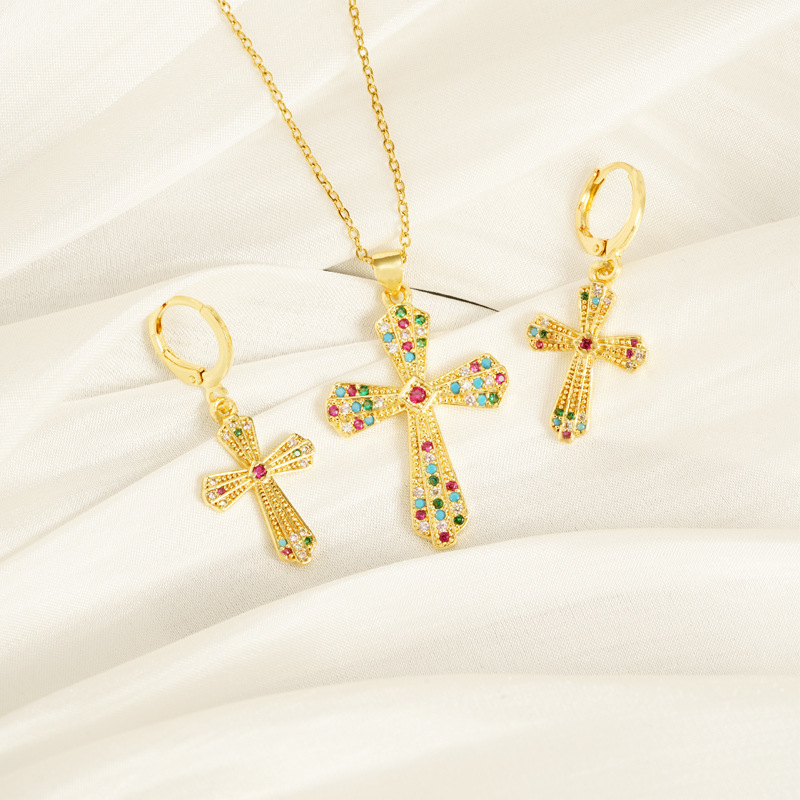 Transfronterizo estilo europeo y americano collar de oro de arena vietnamita ligero lujo texturizado pendientes de cruz para mujeres no se desvanecen joyas