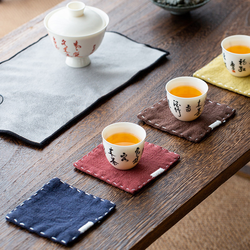 Japonés Zen algodón y lino montaña bordado hecho a mano ramio taza de té estera almohadilla de aislamiento térmico ceremonia del té accesorios titular de la taza cuadrada