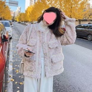 Chanel style lamb wool cotton-padded coat women's short 2024 new winter Korean collarless cotton-padded jacket coat