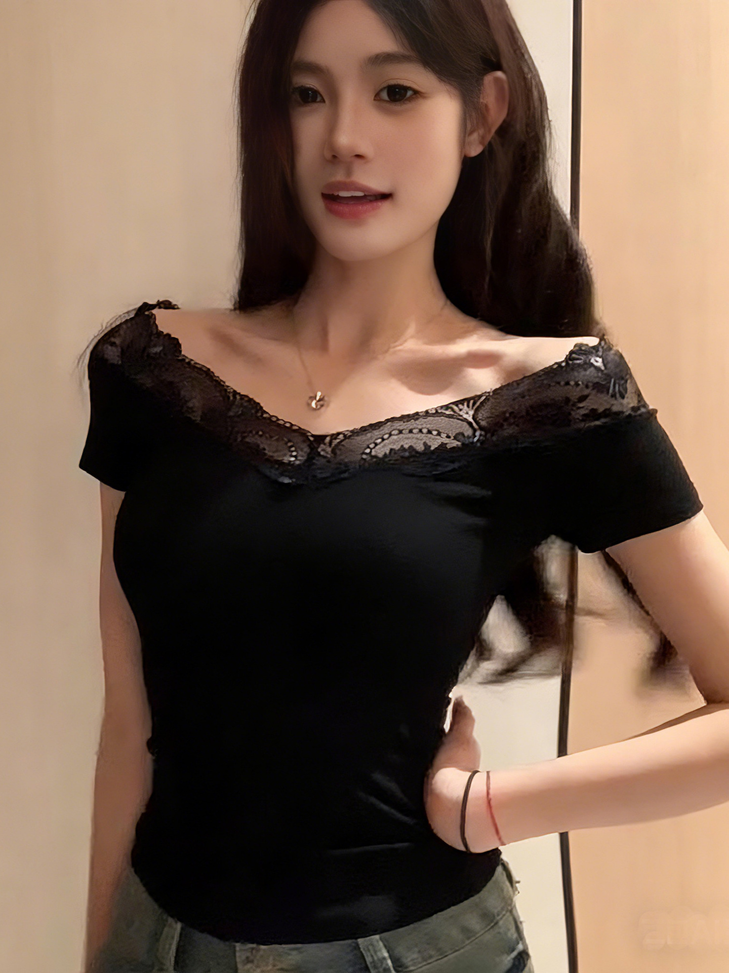 Sexy Pure Desire Ins-Style Patchwork Off-Shoulder Lace Short-Sleeve T-Shirt for Women, Summer Slim-Fit Off-Shoulder Pure Desire Top