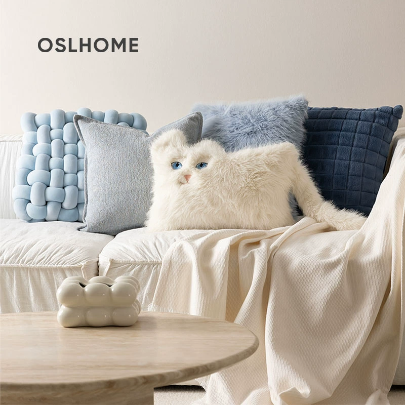 Modern and minimalistic woven sofa, blue pillow, high-quality style