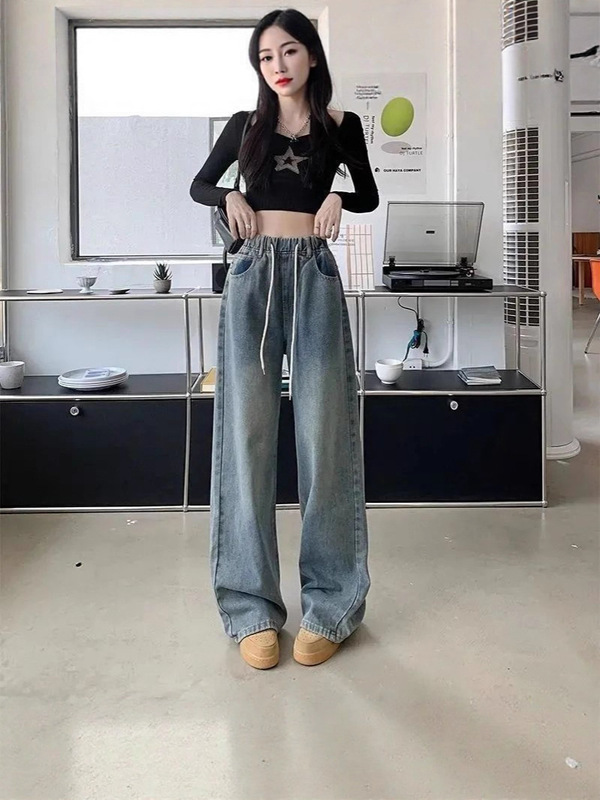 松紧抽绳宽松阔腿牛仔裤女秋季2025新款百搭休闲高腰显瘦拖地长裤|undefined