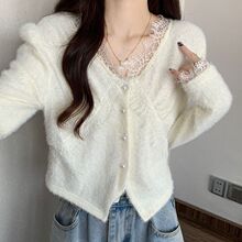 韩版兔绒奶fufu毛衣开衫女秋冬季修身蕾丝气质v领短款仿貂绒上衣