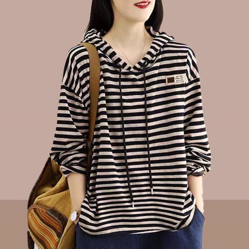 M-5Xl Loose Stripesd Hooded Sweatshirt for Women Autum New Stylish Versatile Fashion Stripesd T-Shirt Bottoming Shirt
