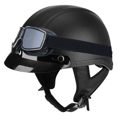 helmet half helmet safety helmet leather, Motosiklet kaskı (dəbilqə) - black-leather-brim-square-vintage-mirror-m56-57cm