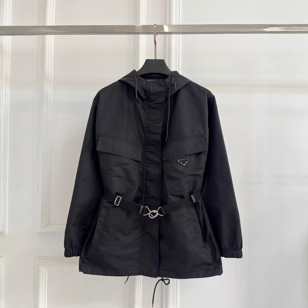 Spring and Autumn New Nylon Women's Casual Fashion Chest Triangle Logo Hooded Coat Mid-length Coat