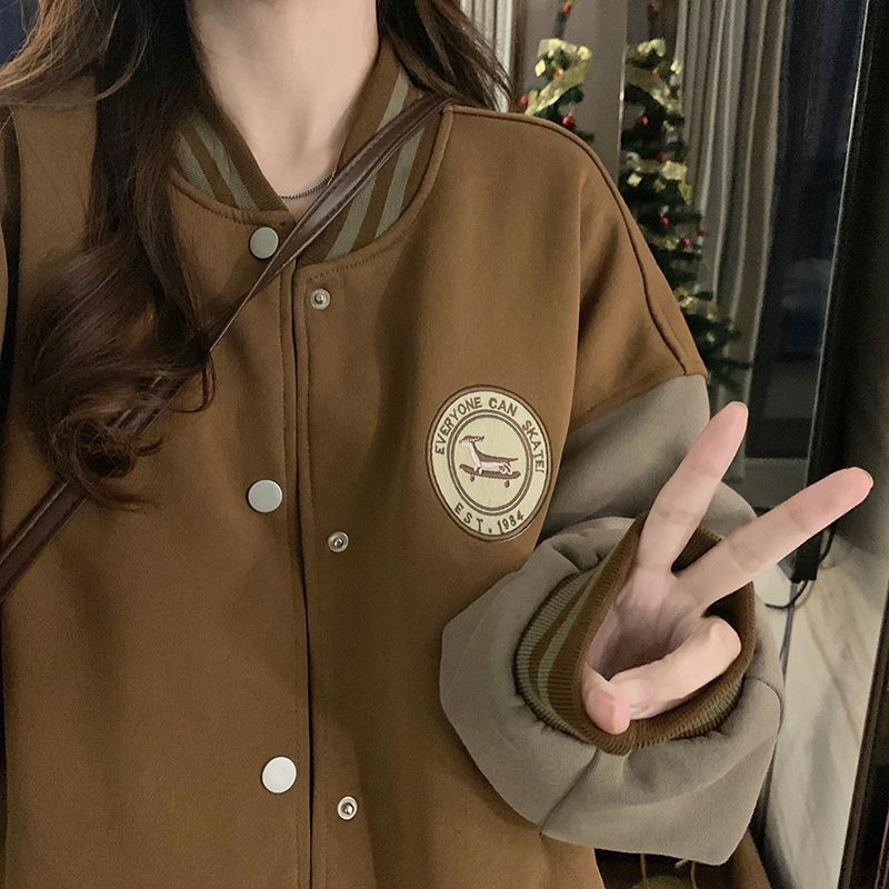 2025慵懒风棒球服外套女秋冬季加绒加厚复古宽松休闲开衫卫衣ins|undefined