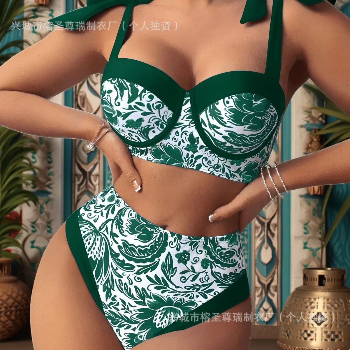 源头工厂2025新款欧美跨境青花瓷性感比基尼泳衣外贸分体泳衣