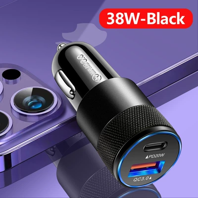 38W QC3.0 PD dual-line fast charging mobile phone car charger Type-c car charger car cigarette lighter (Mobil şarj cihazları) - 38w-qc30-pd-all-black