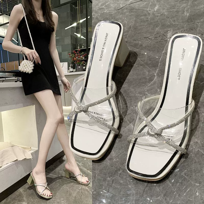 Женские босоножки на толстом каблуке, новинка 2024 года, летние женские босоножки на высоком каблуке для ношения на улице, тапочки с квадратным носком, универсальная женская обувь в корейском стиле