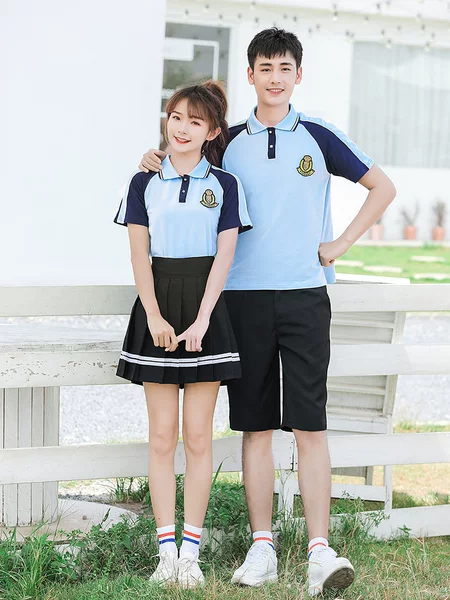 Summer Blue School Uniform for Middle and High School Students, British Style Short-Sleeved Pleated Skirt, College Style Casual and Comfortable Color-Blocked Class Uniform
