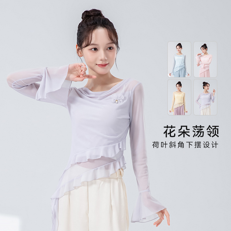 Classical Dance Practice Clothing for Women, New Style Long-Sleeve Ethereal Ruffled Collar Floral Mesh Slim-Fit Top, Chinese Dance Costume