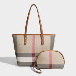 2024新款潮时尚高级感格纹手提单肩包子母包大容量托特包女