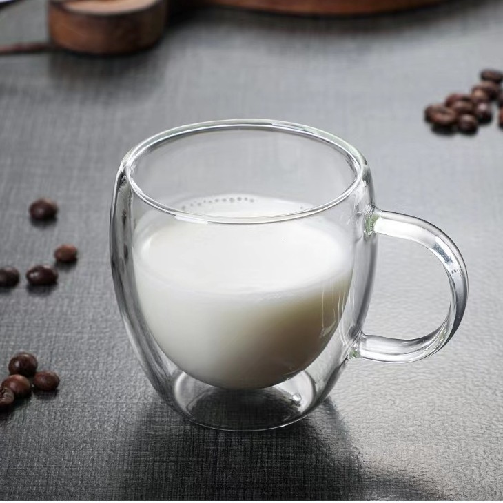 Taza de mango de vidrio doble transparente para el hogar Taza de té de flores resistente al calor creativa Taza de café de jugo de leche de vidrio doble con aislamiento térmico