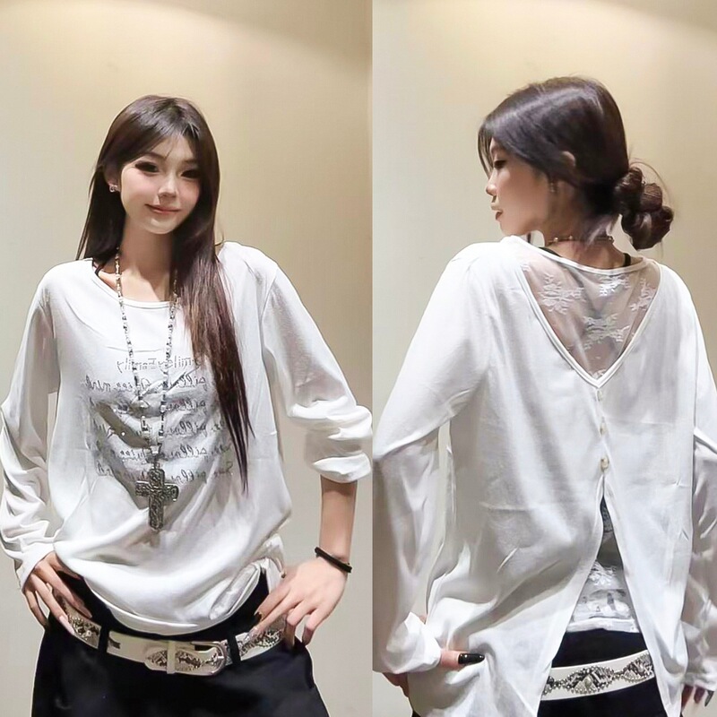 European and American style cross-border V-neck back slit lace long-sleeve T-shirt for women, suitable for spring and autumn, with a summer street style and sun protection features, featuring button detailing
