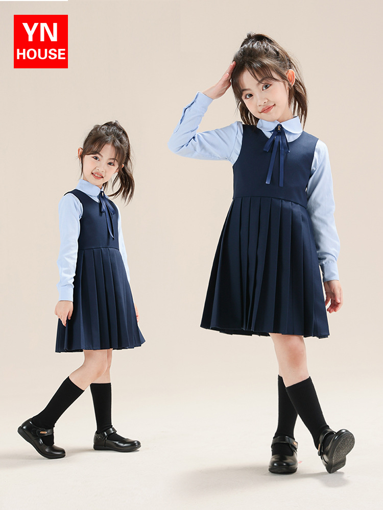 Vestido de niña, traje de estilo universitario, falda de chaleco para niños, falda JK para niños de mediana edad, vestido de actuación, falda plisada