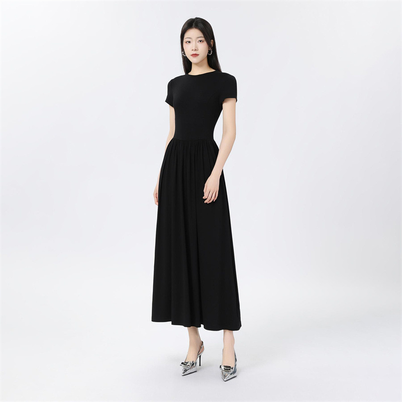 Váy đầm nữ dáng suông midi tay ngắn cổ tròn, kiểu dáng mùa hè mới — màu đen chi tiết 2