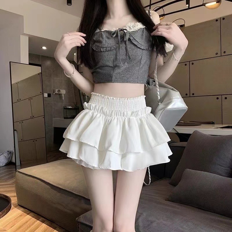 春の女性用ブラックバレエ風スカート、小柄な人向け、ハイウエスト、スリムデザイン、甘辛ケーキふわふわショートスカート|undefined