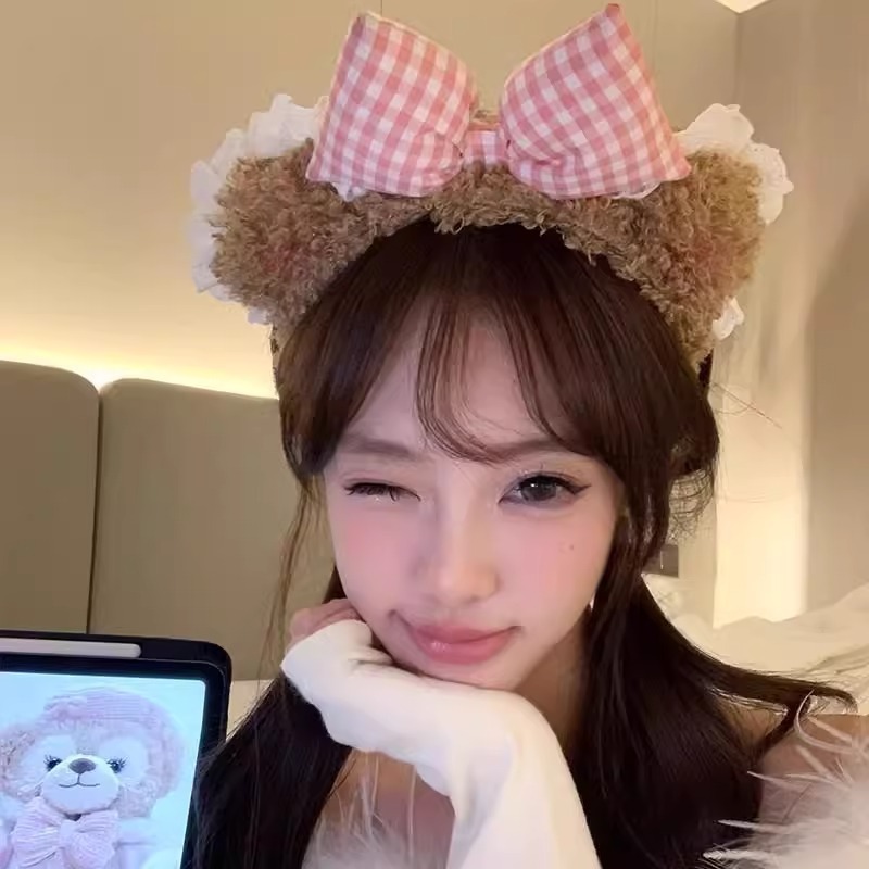 甜心腮红小熊耳朵蝴蝶结发箍蕾丝洗脸女化妆发卡可爱毛绒头箍头饰|undefined
