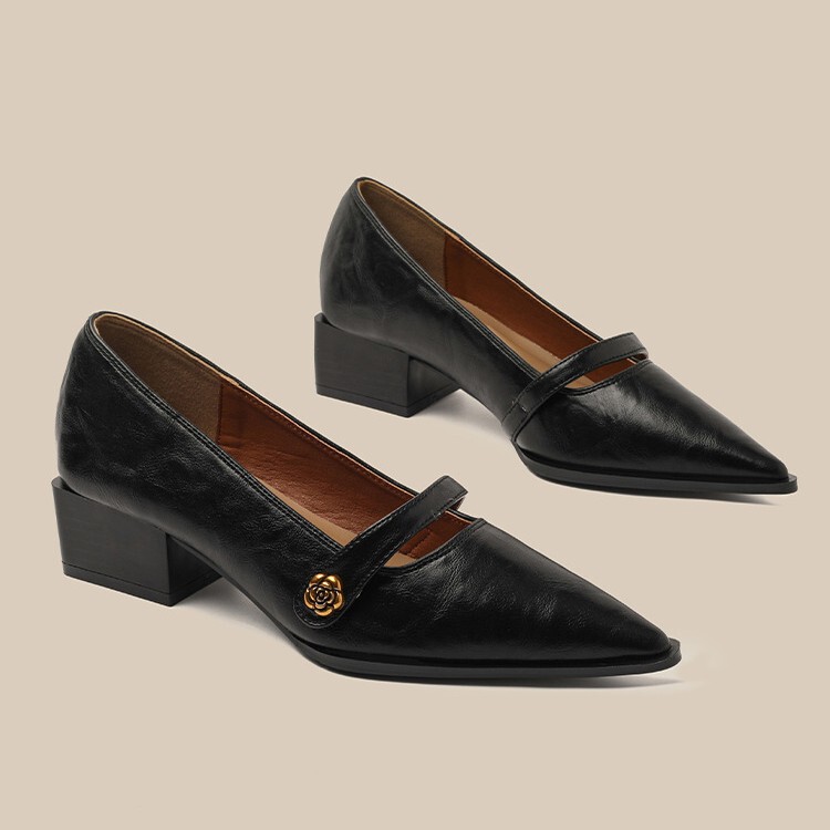 Factory in stock High Heels Women's One Word Camellia Buckle Pointed Elegant Fairy Thick Heel Mary Jane Shoes plus size