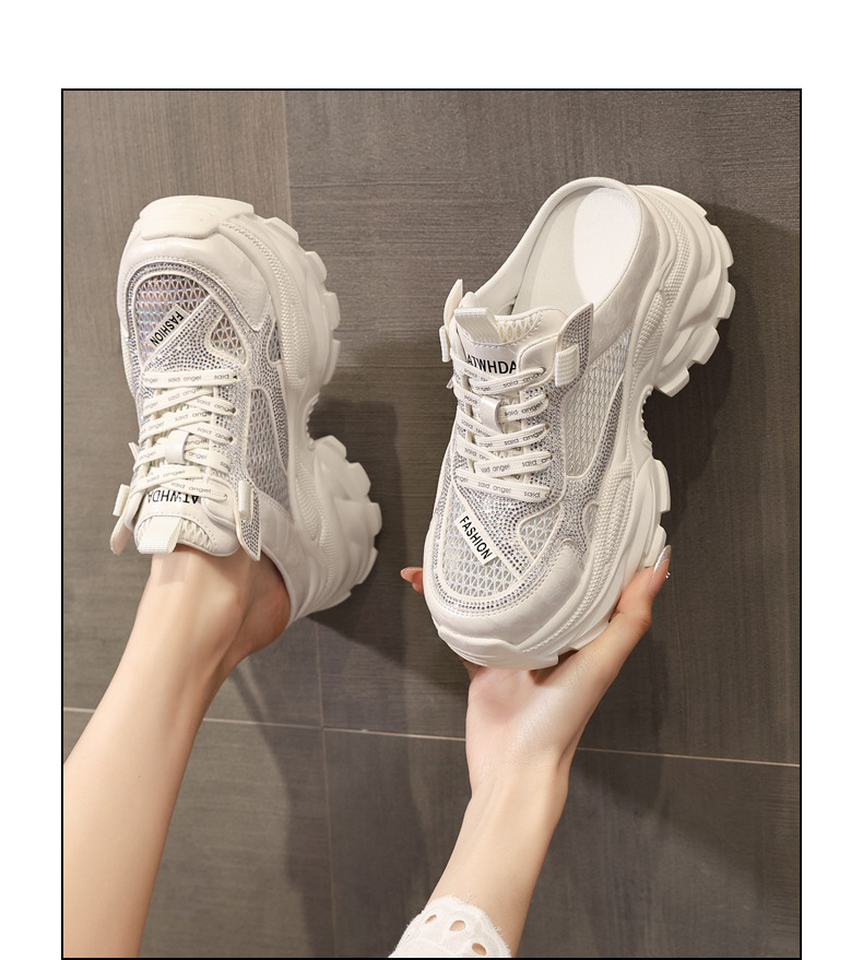 Giày sneaker nữ đế dày lưới thoáng khí mũi trùm đính đá phong cách giày bố — màu trắng ngà, bạc chi tiết 14