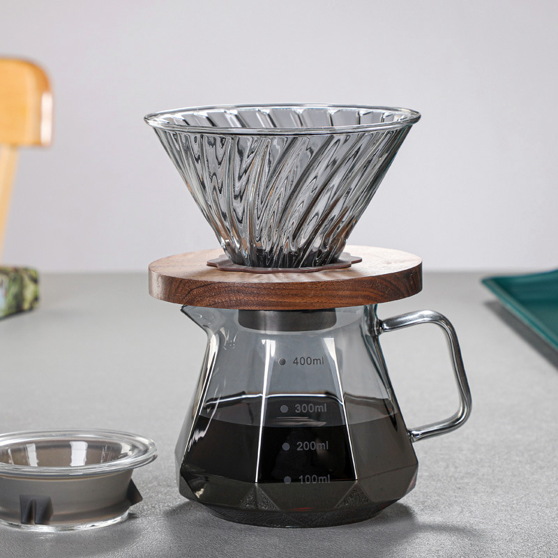 Smoke-gray Glass Diamond Coffee Pot with V60 Filter Cup Set | Glass Sharing Pot & Drip Coffee Filter