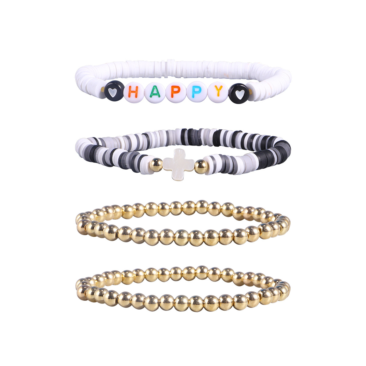 Bohemian Style Color Polymer Clay Bracelet Letter Happy Elastic Rope Golden Beads Bracelet Set