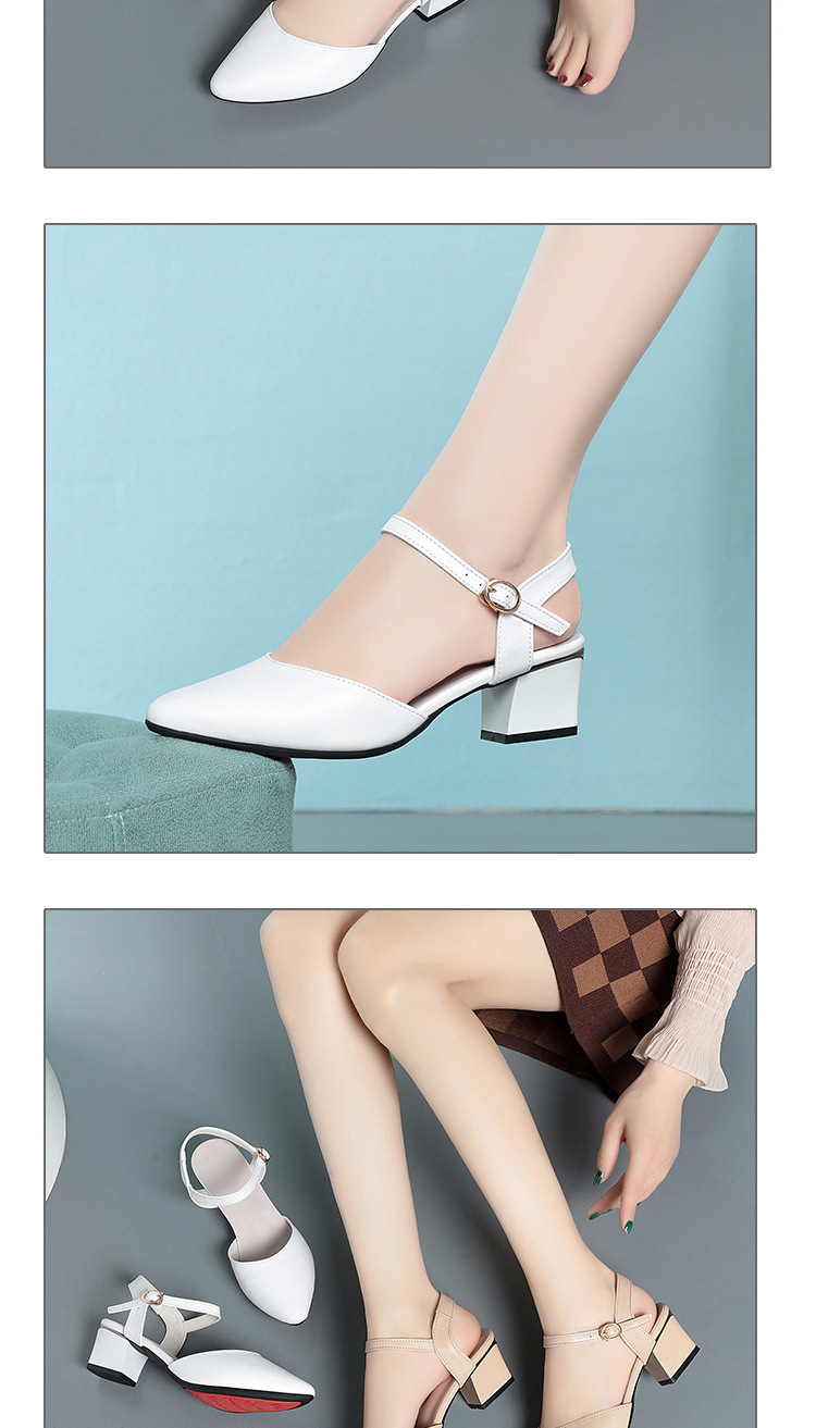 Sandal cao gót nữ mũi nhọn bít mũi da thật gót thô — Màu trắng chi tiết 14