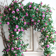 仿真玫瑰花墙面吊花假花吊兰绿植塑料壁挂花装饰植物空调管道装饰