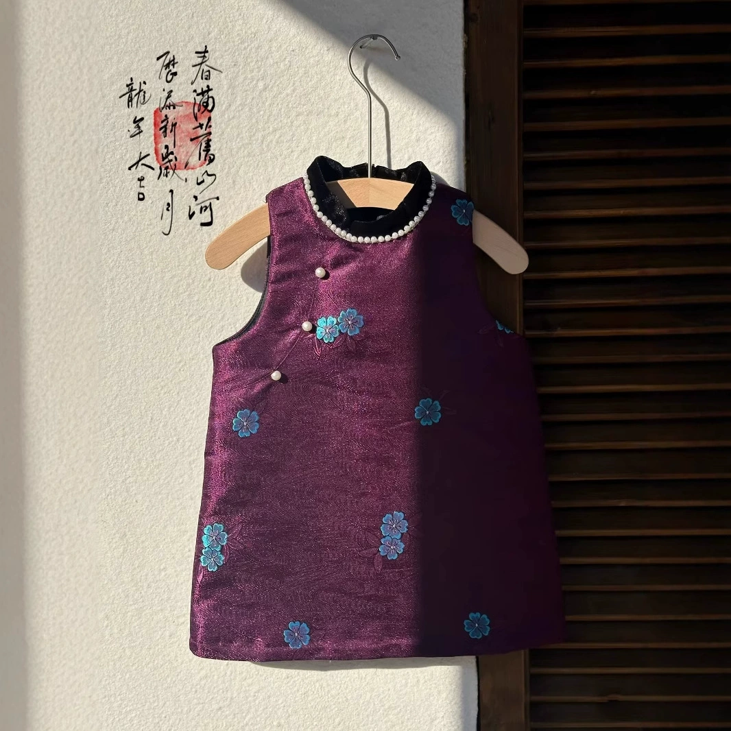 Новинка зимы 2025: Детская одежда в корейском стиле, винтажное фиолетовое стеганое платье-жилет для девочек с бисером, к Новому году