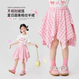 女童格纹半身裙2025夏季新款儿童韩系不规则裙子女孩夏装时尚短裙