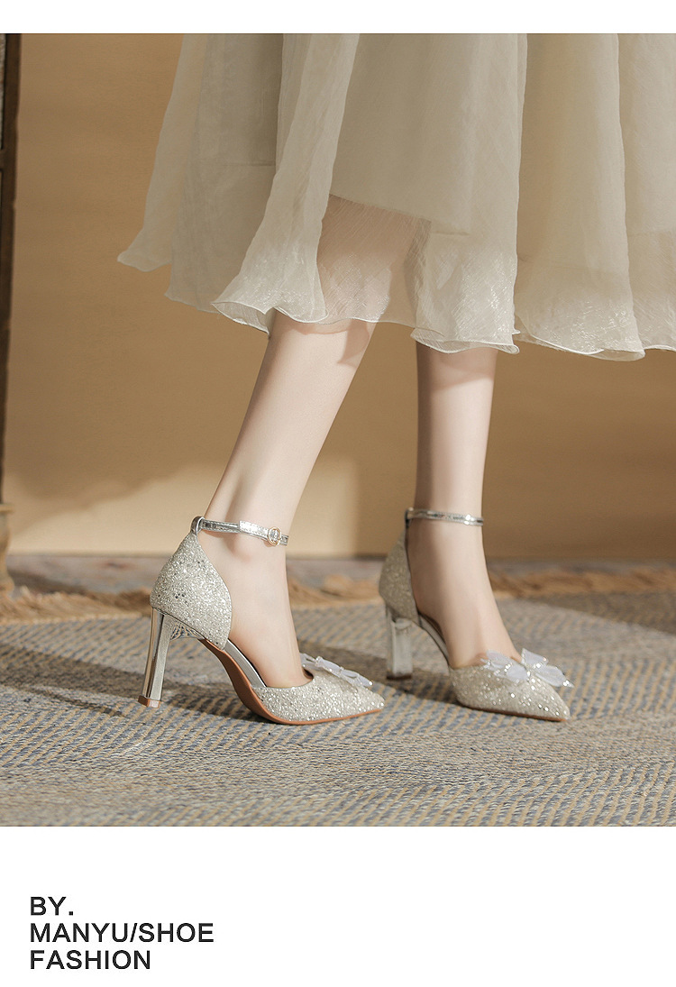 Giày sandal cao gót nữ quai ngang mũi nhọn gót nhọn CH8006-5 — Màu Sâm panh chi tiết 12