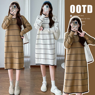 Real shot in stock 2024 new autumn and winter clothing striped knitted sweater dress