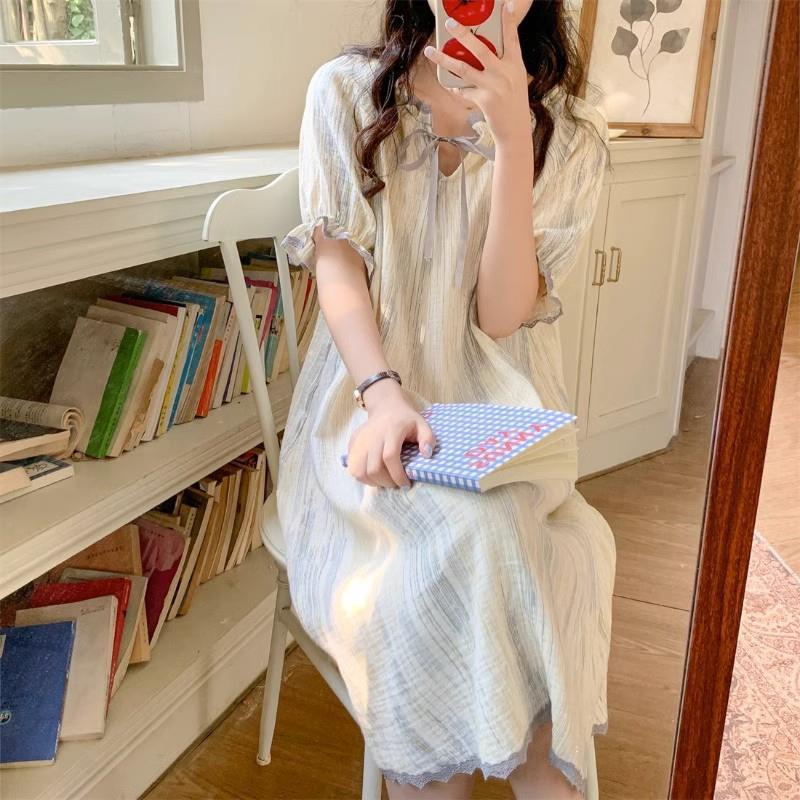 Verano 2023 Pijamas Mujer de manga corta burbuja arruga estudiante lindo ropa exterior suelta ropa de hogar camisón Mujer Princesa estilo