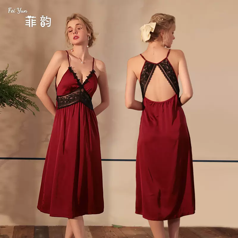性感 冰丝缎面吊带女装内衣睡裙长款蕾丝拼接调情诱惑家居服516