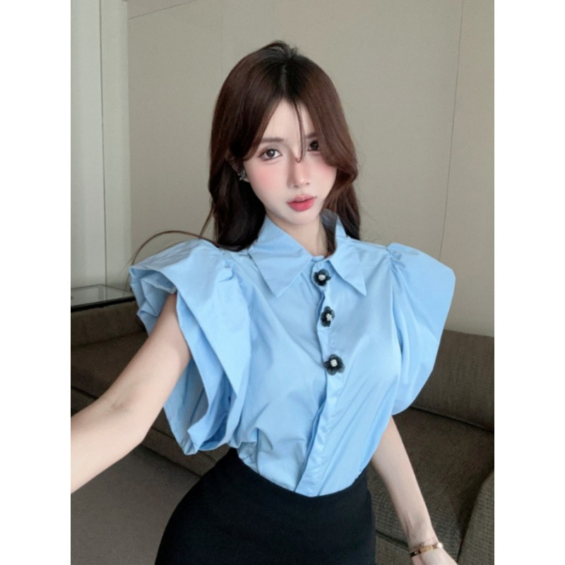 夏季复古法式设计感小众泡泡黑色花瓣翻领别致高级上衣短款衬衫